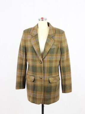 Vintage 00's JESSICA Olive Brown Plaid Check Wool Blend Blazer, Size 12